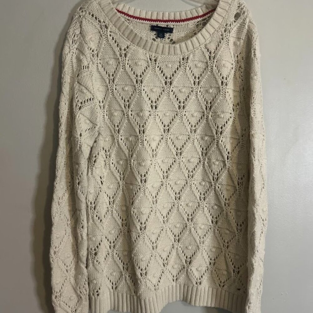 Tommy Hilfiger Chunky Knit Crochet Long Sleeve Cream Ivory Sweater Women’s Sz L